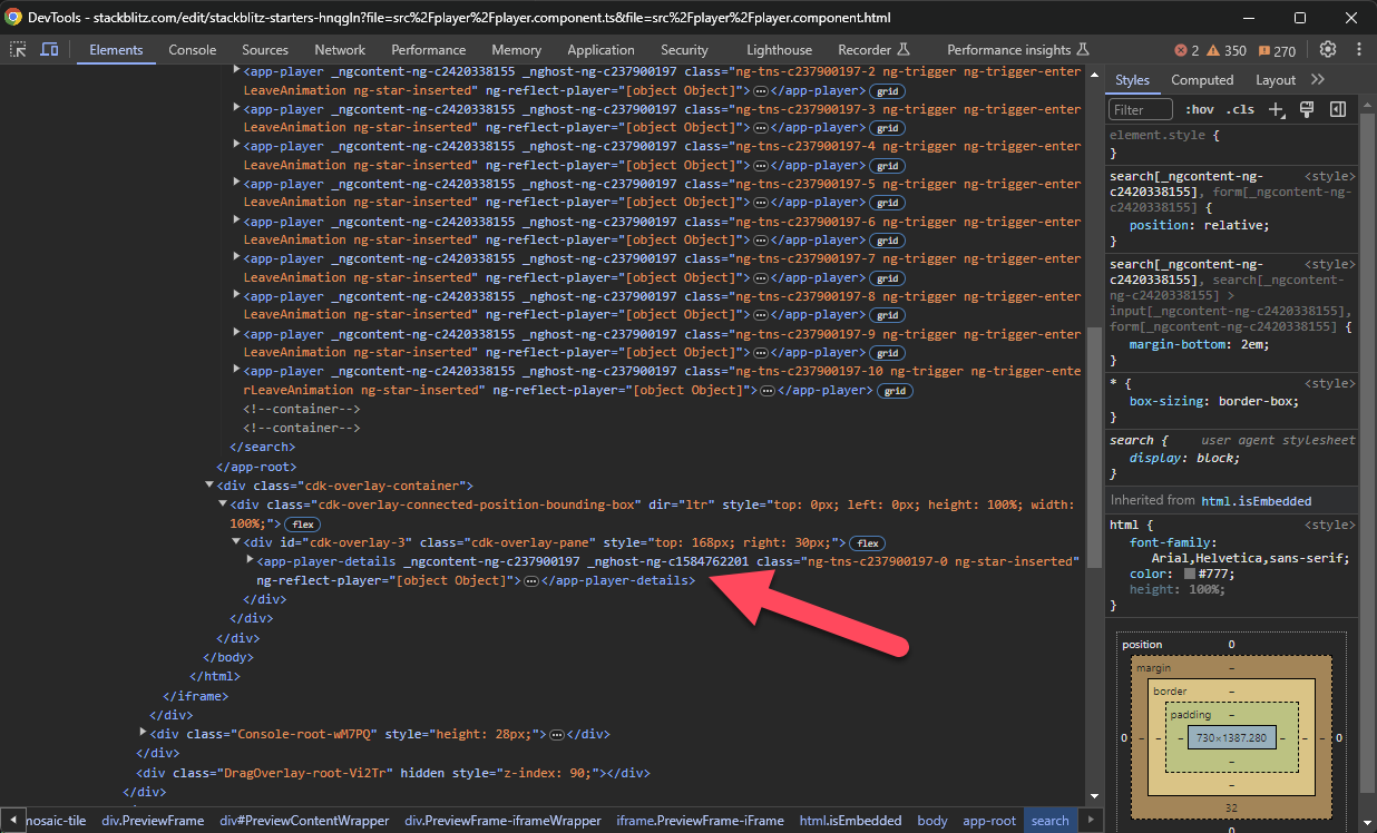 Inspecting the markup of a modal created with the Angular CDK Overlay cdkOverlayOrigin and cdkConnectedOverlay directives